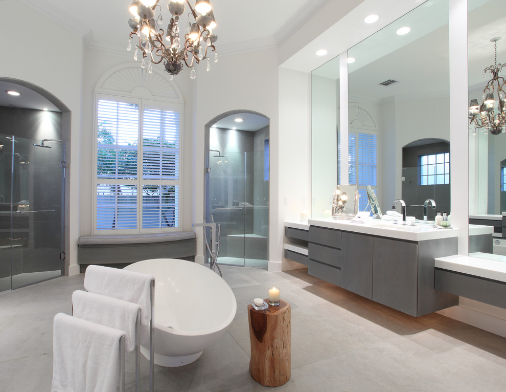 Large minimalist master bathroom photo in Miami with flat-panel cabinets, gray cabinets, white walls, quartzite countertops and a hinged shower door