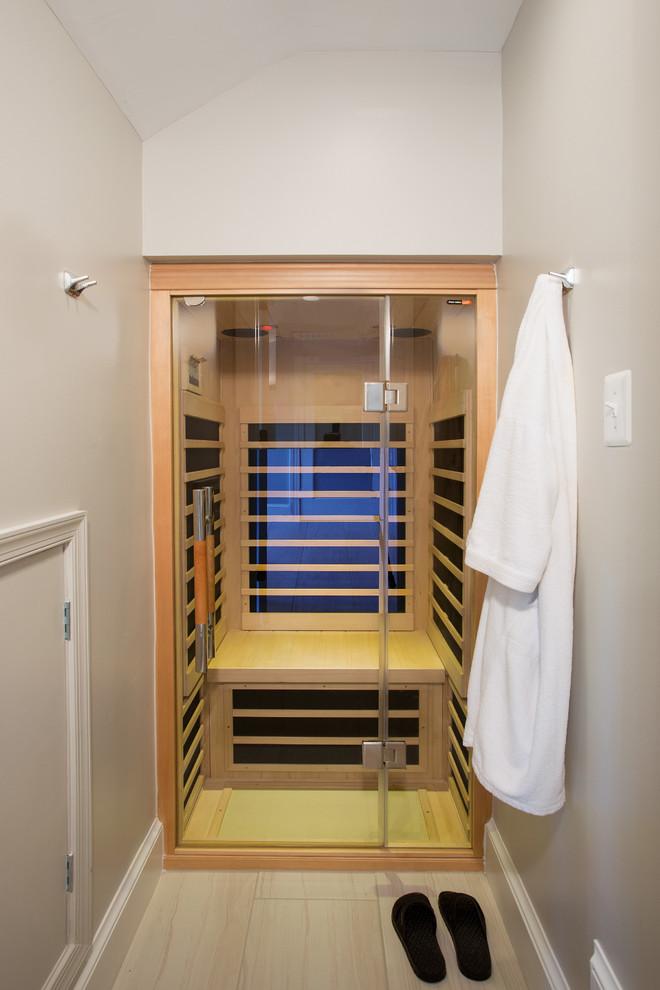 Großes Modernes Badezimmer En Suite mit braunen Schränken, Granit-Waschbecken/Waschtisch und grauem Boden in Washington, D.C.