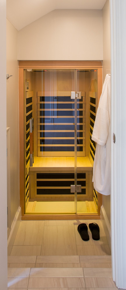 Großes Modernes Badezimmer En Suite mit braunen Schränken, Granit-Waschbecken/Waschtisch und grauem Boden in Washington, D.C.