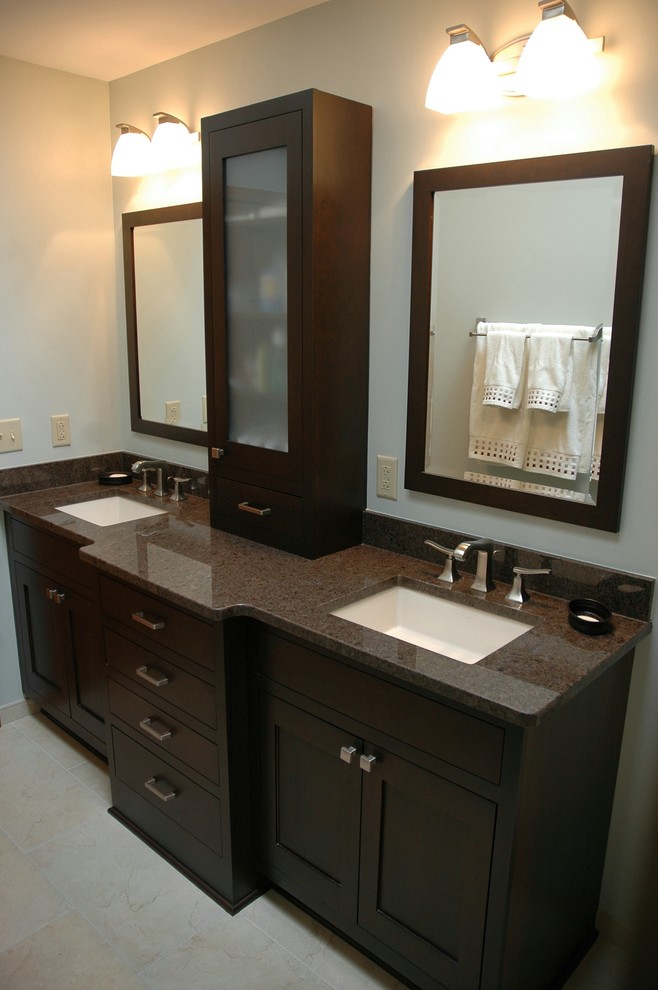 Example of a minimalist white tile and porcelain tile walk-in shower design in Chicago with an undermount sink, shaker cabinets, dark wood cabinets, quartz countertops and a two-piece toilet