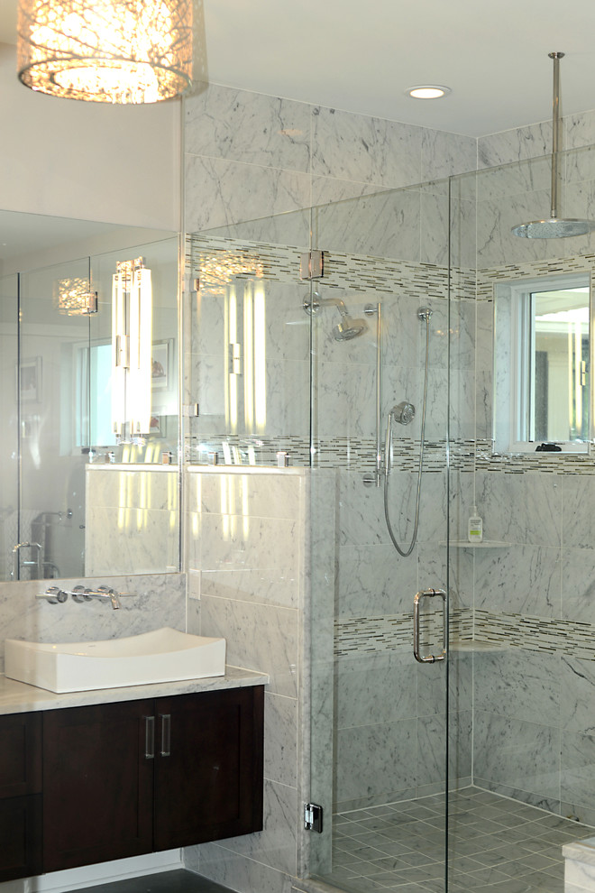 Example of a mid-sized minimalist master blue tile and ceramic tile porcelain tile bathroom design in Tampa with flat-panel cabinets, dark wood cabinets, a two-piece toilet and beige walls