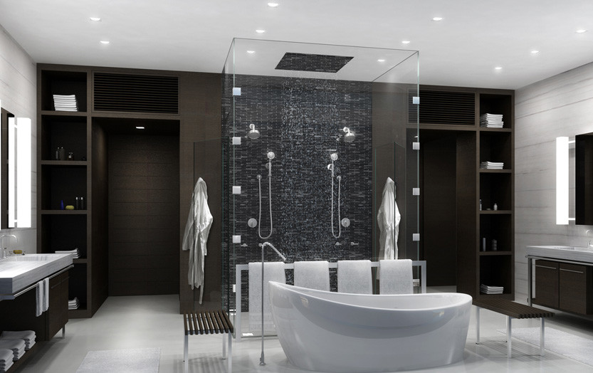 Пример оригинального дизайна: большая главная ванная комната в стиле модернизм с плоскими фасадами, темными деревянными фасадами, двойным душем, разноцветными стенами и отдельно стоящей ванной