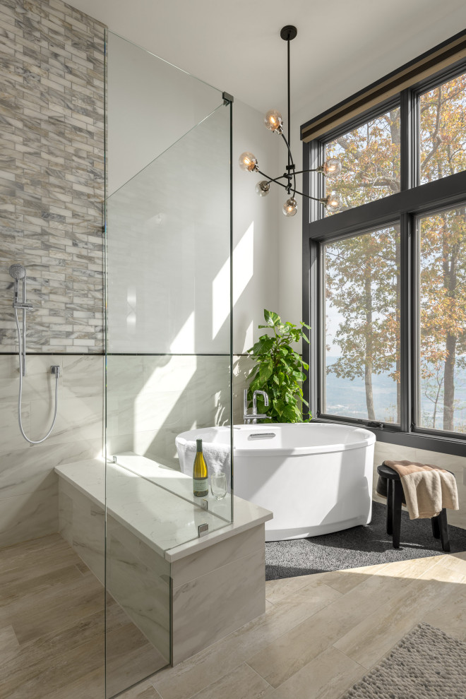 Mid-sized mountain style master white tile and ceramic tile ceramic tile and beige floor bathroom photo in Nashville with white walls, a hinged shower door and white countertops