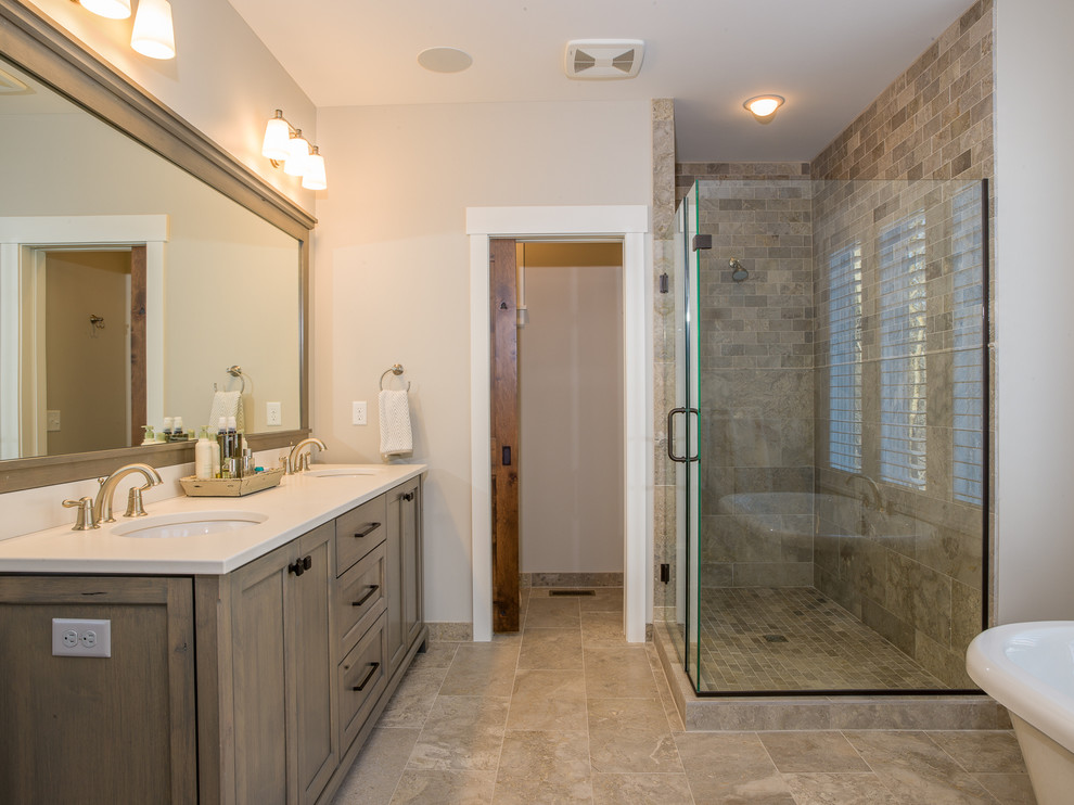Example of a mid-sized cottage chic master gray tile and stone tile marble floor bathroom design in Minneapolis with shaker cabinets, gray cabinets, a two-piece toilet, gray walls, an undermount sink and marble countertops