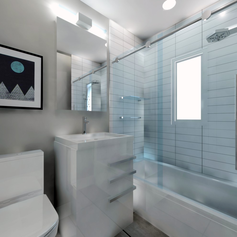 Idee per una piccola stanza da bagno con doccia minimalista con ante lisce, piastrelle bianche, piastrelle in ceramica e pareti grigie