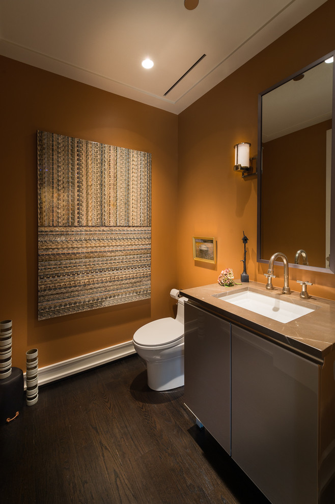 Photo of a medium sized modern ensuite bathroom in Chicago with orange walls and dark hardwood flooring.