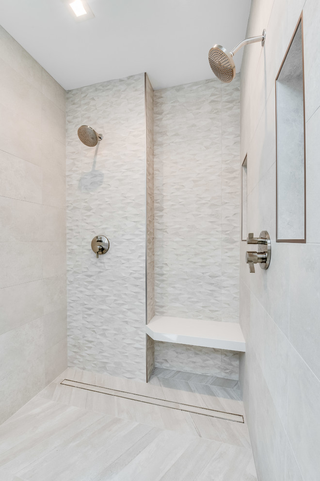 Medium sized classic ensuite bathroom in DC Metro with flat-panel cabinets, dark wood cabinets, an alcove shower, a two-piece toilet, beige tiles, grey walls, light hardwood flooring, a submerged sink, engineered stone worktops, beige floors, a hinged door and grey worktops.