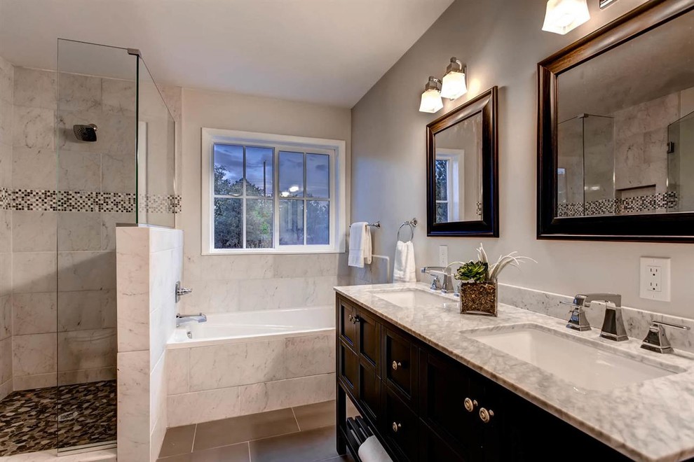 Small southwest master gray tile and ceramic tile ceramic tile bathroom photo in Albuquerque with black cabinets, gray walls and marble countertops