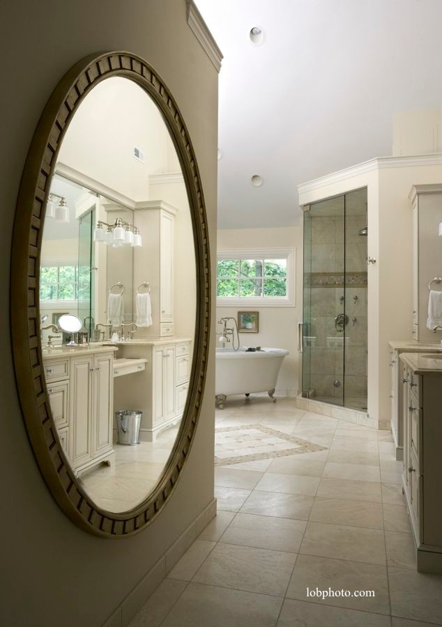 Bathroom - contemporary master beige tile and ceramic tile ceramic tile bathroom idea in Chicago with an undermount sink, beaded inset cabinets, white cabinets, granite countertops and white walls