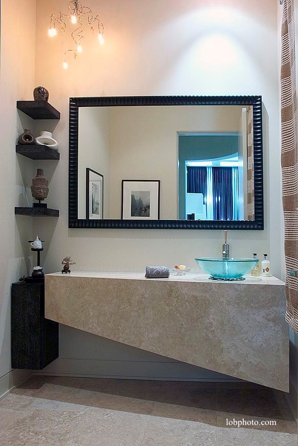 Bathroom - mid-sized contemporary 3/4 ceramic tile bathroom idea in Chicago with a vessel sink, open cabinets, beige cabinets and beige walls