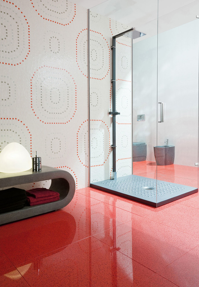 Modern red bathroom with mosaic wallpaper Modern Bathroom Miami