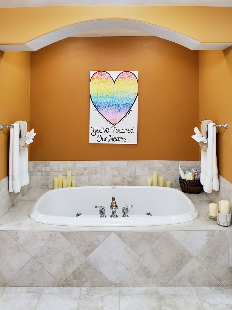 Alcove bathtub - large rustic master gray tile and marble tile marble floor and gray floor alcove bathtub idea in Chicago with orange walls