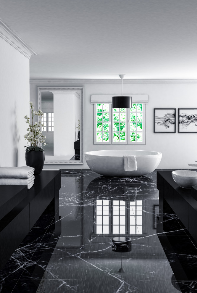 Источник вдохновения для домашнего уюта: большая главная ванная комната в стиле модернизм с фасадами в стиле шейкер, черными фасадами, отдельно стоящей ванной, душем в нише, унитазом-моноблоком, черно-белой плиткой, белыми стенами, мраморным полом, консольной раковиной, столешницей из кварцита, черным полом, душем с распашными дверями, черной столешницей, нишей, тумбой под одну раковину, встроенной тумбой, сводчатым потолком и панелями на части стены