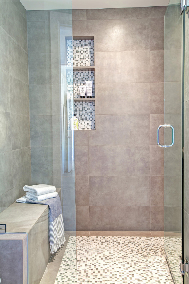Photo of a medium sized classic shower room bathroom in San Diego with an integrated sink, flat-panel cabinets, dark wood cabinets, solid surface worktops, a walk-in shower, a two-piece toilet, grey tiles, porcelain tiles, blue walls and porcelain flooring.