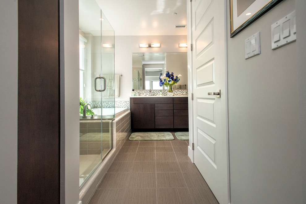Mid-sized minimalist master gray tile and mosaic tile porcelain tile bathroom photo in San Francisco with flat-panel cabinets, dark wood cabinets, a one-piece toilet, gray walls, an undermount sink and quartzite countertops