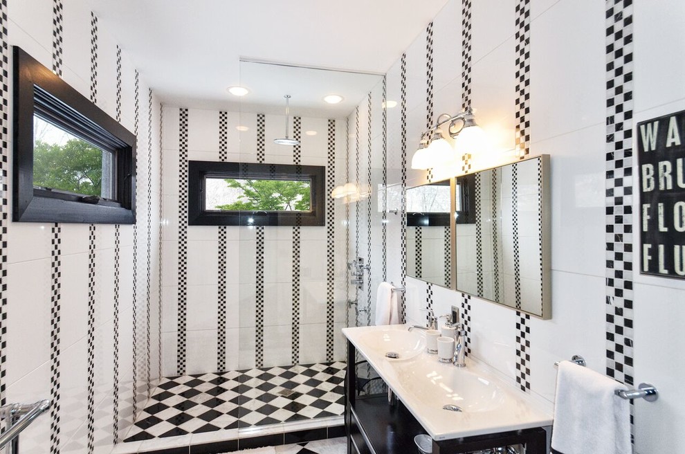 Modern whimsical black and white checker board bathroom ...
