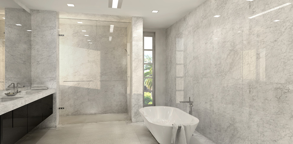 Design ideas for a large modern ensuite bathroom in Miami with flat-panel cabinets, dark wood cabinets, a freestanding bath, an alcove shower, grey tiles, glass tiles, grey walls, mosaic tile flooring, recycled glass worktops and a submerged sink.