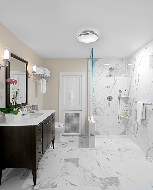 Modern White Bathroom Transitional Bathroom Chicago By Benvenuti And Stein Houzz
