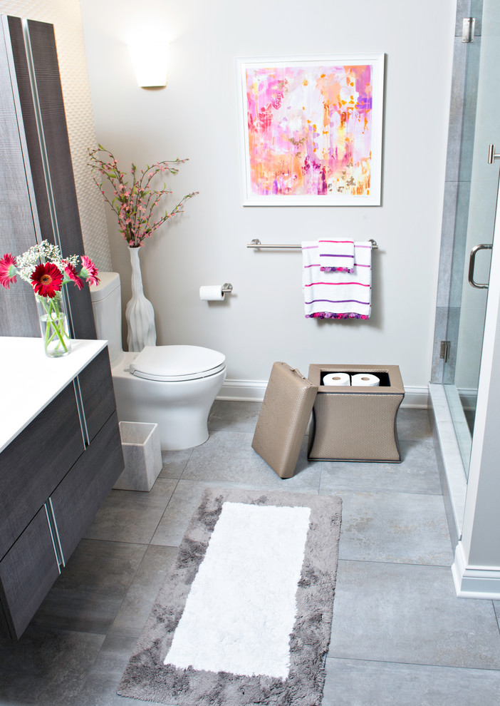 Modern White Bathroom With Tan Ottoman For Storage Contemporary Chicago By Label 23 Houzz Contemporary Bathroom Chicago, White Bathroom Storage Ottoman