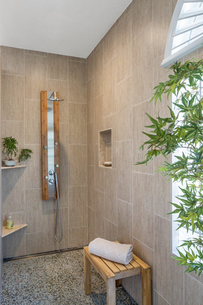 Inspiration for a mid-sized zen master beige tile and porcelain tile porcelain tile doorless shower remodel in Las Vegas with a trough sink, dark wood cabinets, a one-piece toilet and green walls