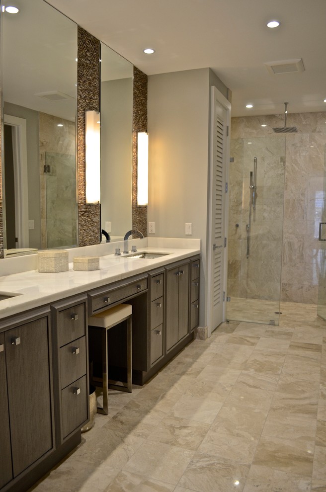 Walk-in shower - large contemporary gray tile and mosaic tile marble floor walk-in shower idea in Miami with an undermount sink, flat-panel cabinets, gray cabinets, quartzite countertops, a one-piece toilet and gray walls