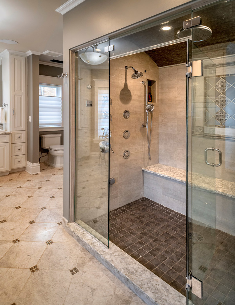 Bathroom - large victorian master beige tile and porcelain tile porcelain tile and gray floor bathroom idea in Other with raised-panel cabinets, white cabinets, a two-piece toilet, gray walls, a drop-in sink, quartzite countertops and gray countertops
