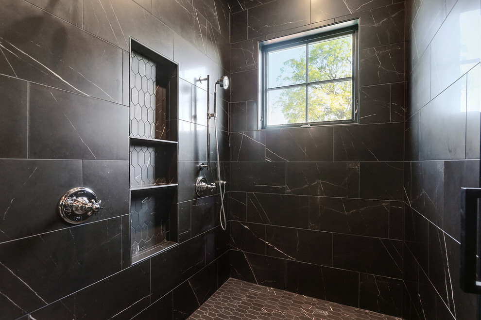 Double shower - small cottage master black tile and ceramic tile porcelain tile and black floor double shower idea in New Orleans with furniture-like cabinets, distressed cabinets, black walls, a trough sink, granite countertops, a hinged shower door and black countertops