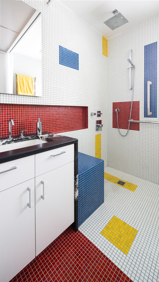 Example of a trendy multicolored tile and mosaic tile mosaic tile floor bathroom design in Other with an undermount sink, flat-panel cabinets, white cabinets, multicolored walls and marble countertops