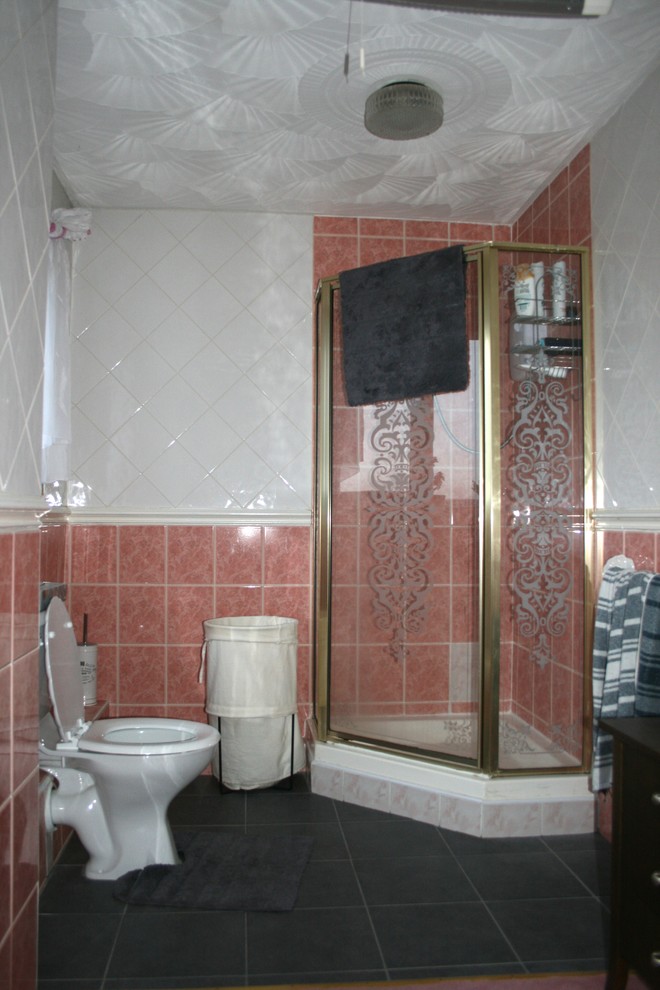 Small classic family bathroom in Other with shaker cabinets, grey cabinets, a built-in shower, a one-piece toilet, black and white tiles, porcelain tiles, grey walls, ceramic flooring, a submerged sink and granite worktops.