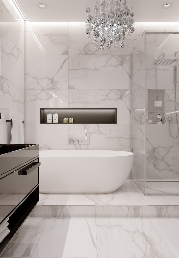 Bathroom - eclectic white tile and ceramic tile ceramic tile and white floor bathroom idea in Other with black cabinets, a bidet, white walls, a console sink, solid surface countertops and black countertops