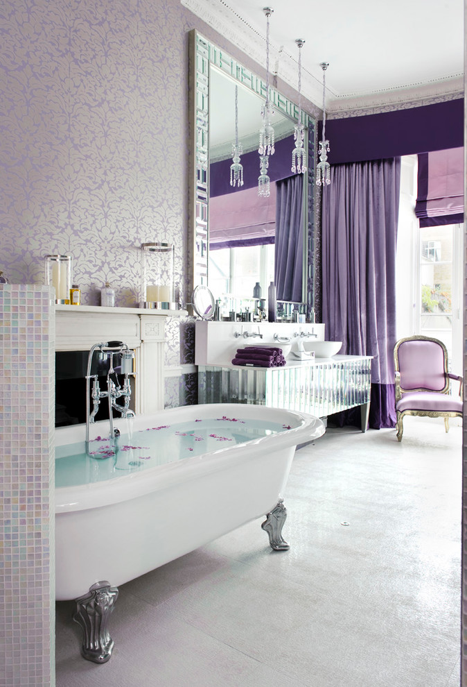 Example of a large trendy master multicolored tile and mosaic tile claw-foot bathtub design in London with a vessel sink and purple walls