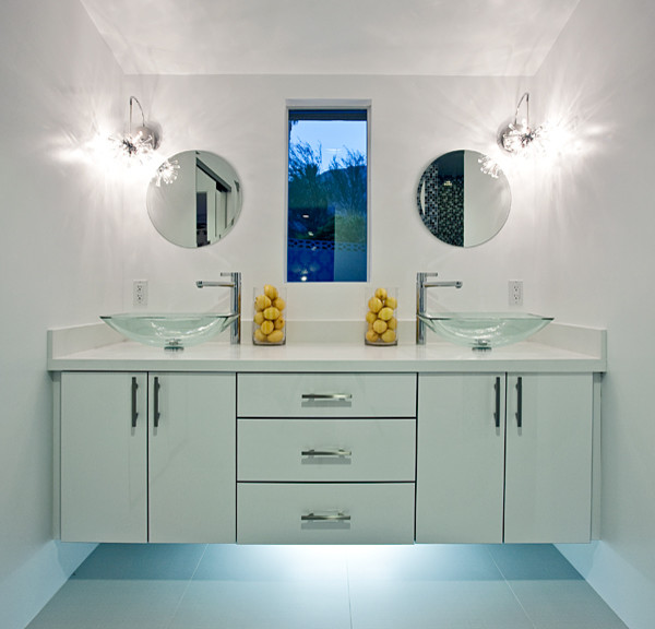 This is an example of a medium sized midcentury shower room bathroom in Other with a vessel sink, flat-panel cabinets, white cabinets, engineered stone worktops, a walk-in shower, multi-coloured tiles, white walls and porcelain flooring.