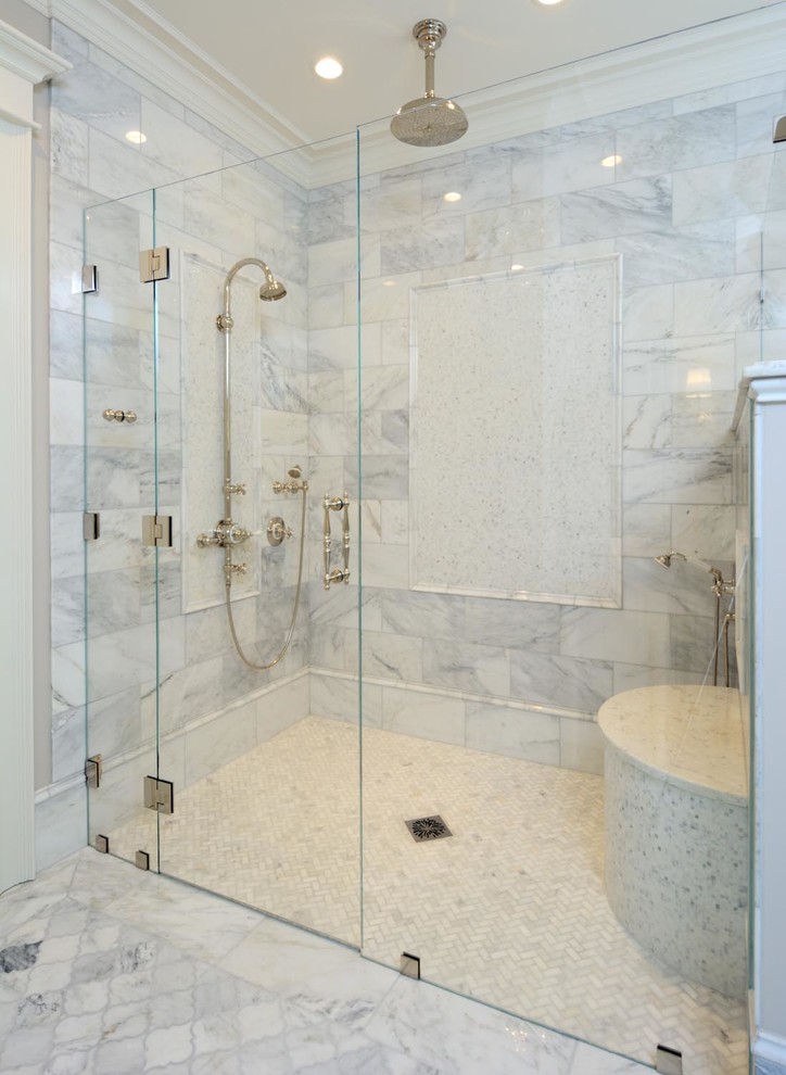 Alcove shower - large transitional marble floor alcove shower idea in Boston