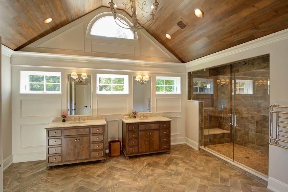 Inspiration for a large traditional ensuite bathroom in Boston with flat-panel cabinets, medium wood cabinets, an alcove shower, white walls, medium hardwood flooring and a submerged sink.