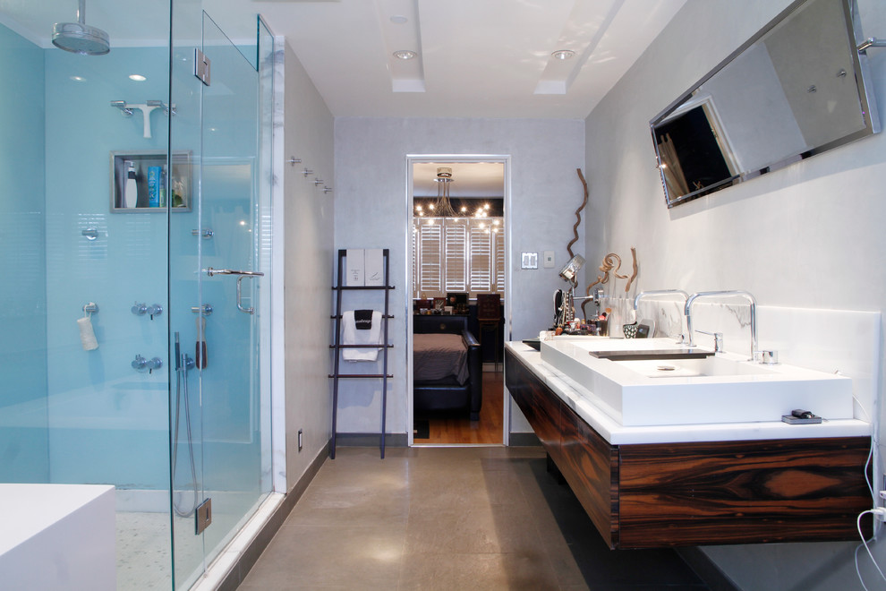 Design ideas for a contemporary bathroom in Montreal with a vessel sink.