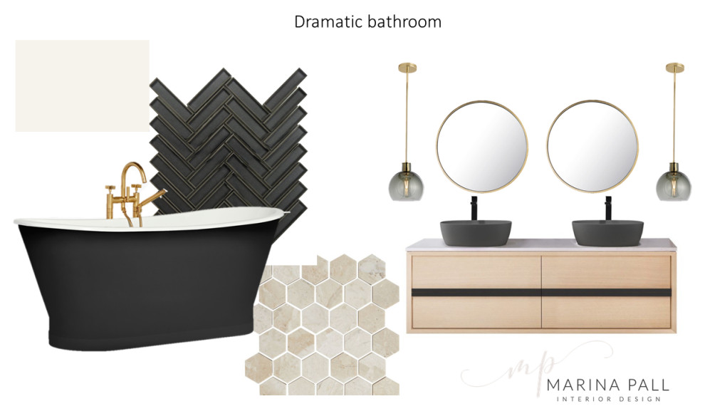 Design ideas for a medium sized scandinavian ensuite bathroom in Chicago with light wood cabinets, a freestanding bath, quartz worktops, white worktops, double sinks and a floating vanity unit.