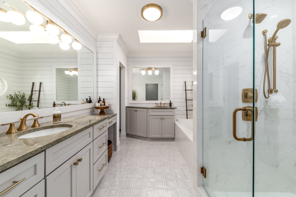 Photo of a medium sized traditional ensuite bathroom in Miami with shaker cabinets, grey cabinets, a built-in bath, a corner shower, white tiles, porcelain tiles, white walls, mosaic tile flooring, a submerged sink, granite worktops, white floors, a hinged door, green worktops, a single sink, a built in vanity unit and tongue and groove walls.