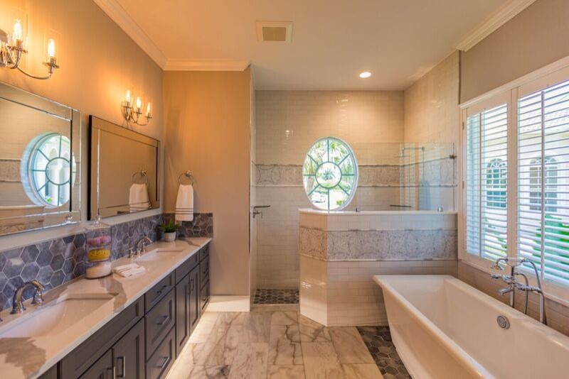 Design ideas for a large traditional ensuite bathroom in Miami with recessed-panel cabinets, grey cabinets, a freestanding bath, a walk-in shower, grey tiles, mosaic tiles, beige walls, marble flooring, a submerged sink, marble worktops, white floors and an open shower.