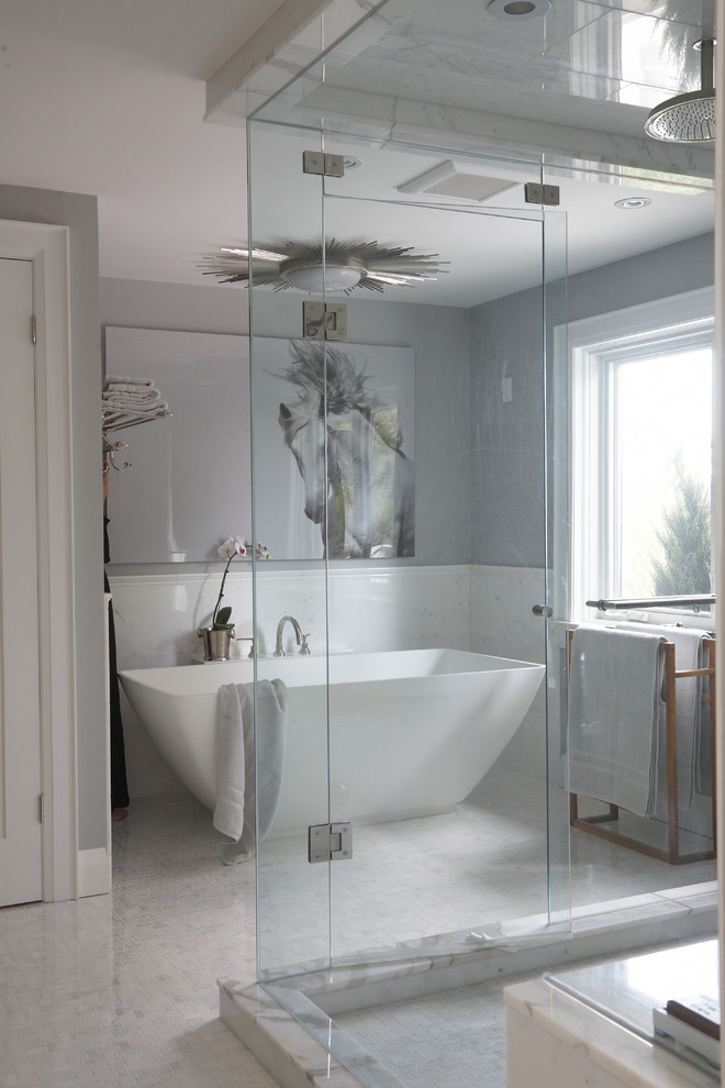 Inspiration for a transitional freestanding bathtub remodel in Toronto