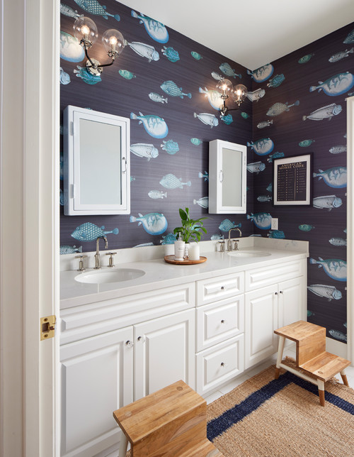 Cool Elegance: Boys Bathroom Ideas with Blue Themed Wallpaper and Wall Lights