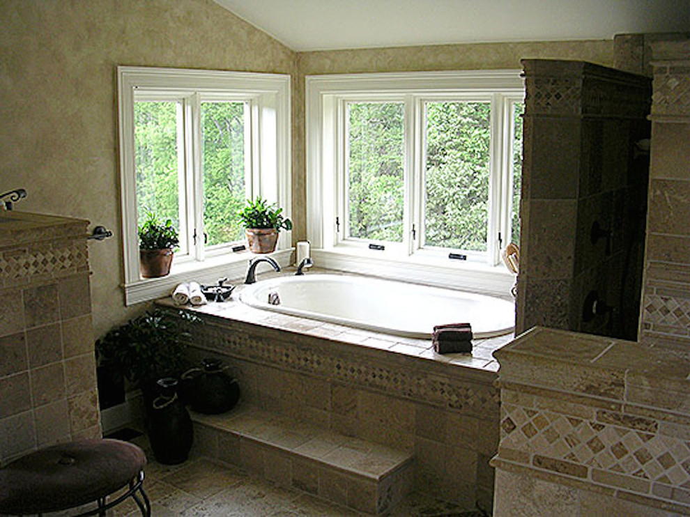 Design ideas for a medium sized farmhouse ensuite bathroom in Other with medium wood cabinets.