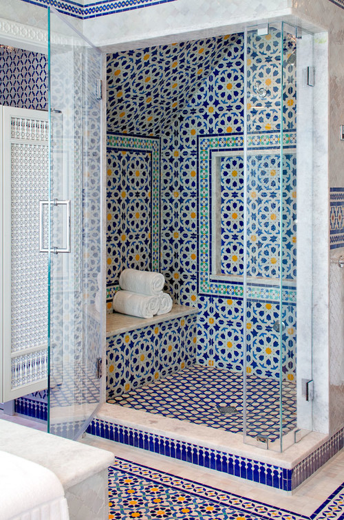 Vibrant Mediterranean Shower with Colorful Tiles for Shower Tile Ideas