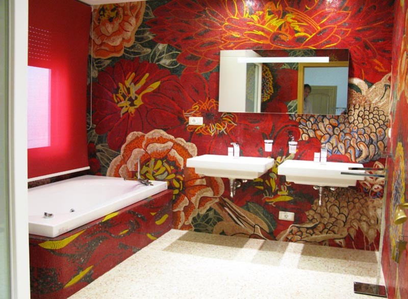 Inspiration for a contemporary bathroom in Chicago with red tiles and mosaic tiles.
