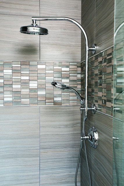 Mosaic Tile Feature In Porcelain Tile Shower With Wall Mounted And Hand Held Sho Transitional Bathroom Chicago By Orren Pickell Building Group