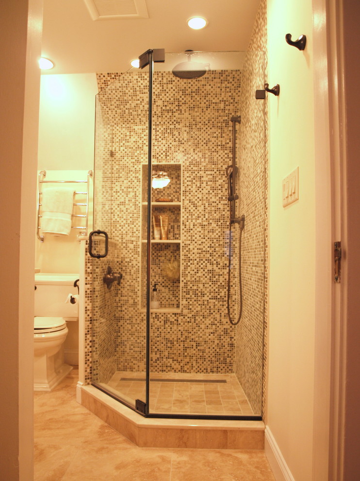 Medium sized mediterranean ensuite bathroom in Newark with flat-panel cabinets, medium wood cabinets, a corner shower, a two-piece toilet, multi-coloured tiles, mosaic tiles, beige walls, ceramic flooring, a submerged sink, engineered stone worktops, beige floors and a hinged door.