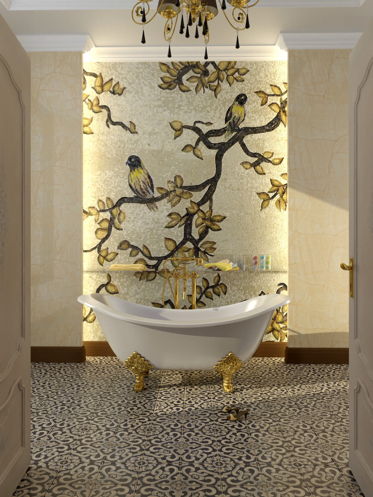 Foto de cuarto de baño principal contemporáneo de tamaño medio con baldosas y/o azulejos beige, baldosas y/o azulejos en mosaico y paredes beige