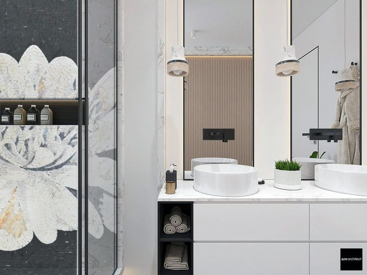 Modelo de cuarto de baño contemporáneo con baldosas y/o azulejos blancos y baldosas y/o azulejos en mosaico