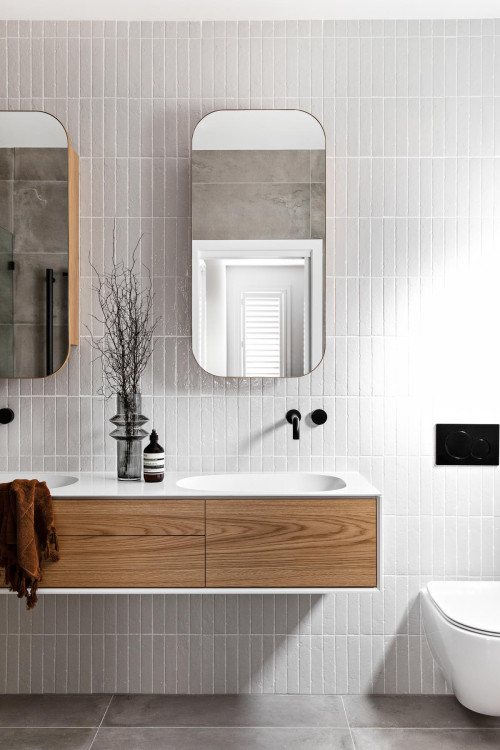 Gray Ceramic Backsplash Behind Bathroom Sink with Wood Accents