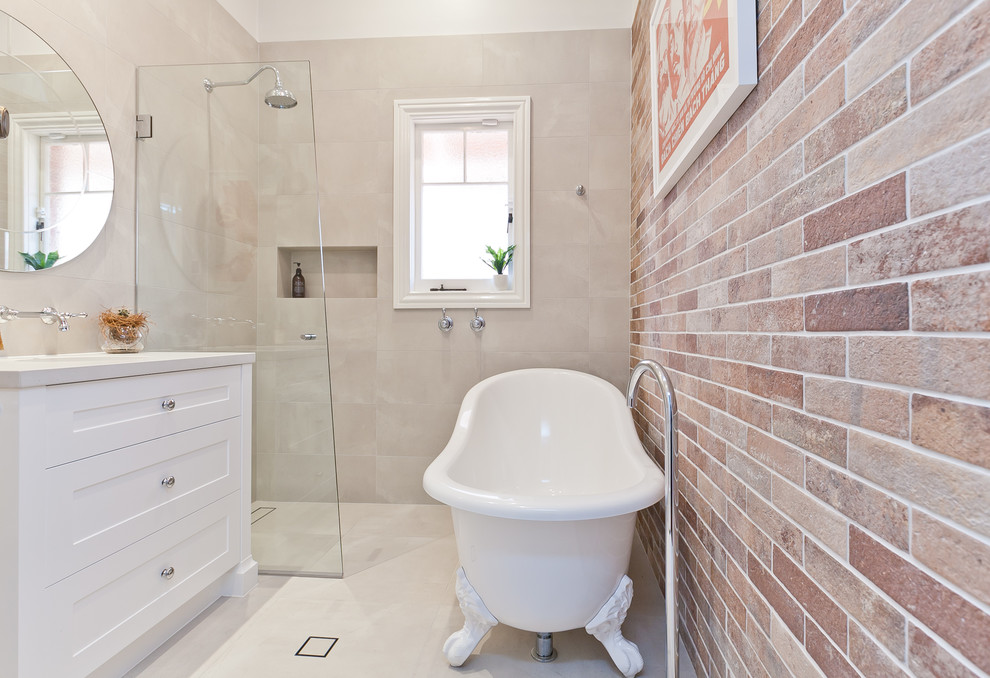 This is an example of a medium sized traditional ensuite bathroom in Perth with shaker cabinets, white cabinets, a claw-foot bath, a built-in shower, metro tiles, beige walls, porcelain flooring, a submerged sink, engineered stone worktops, beige floors, a hinged door, white worktops and red tiles.