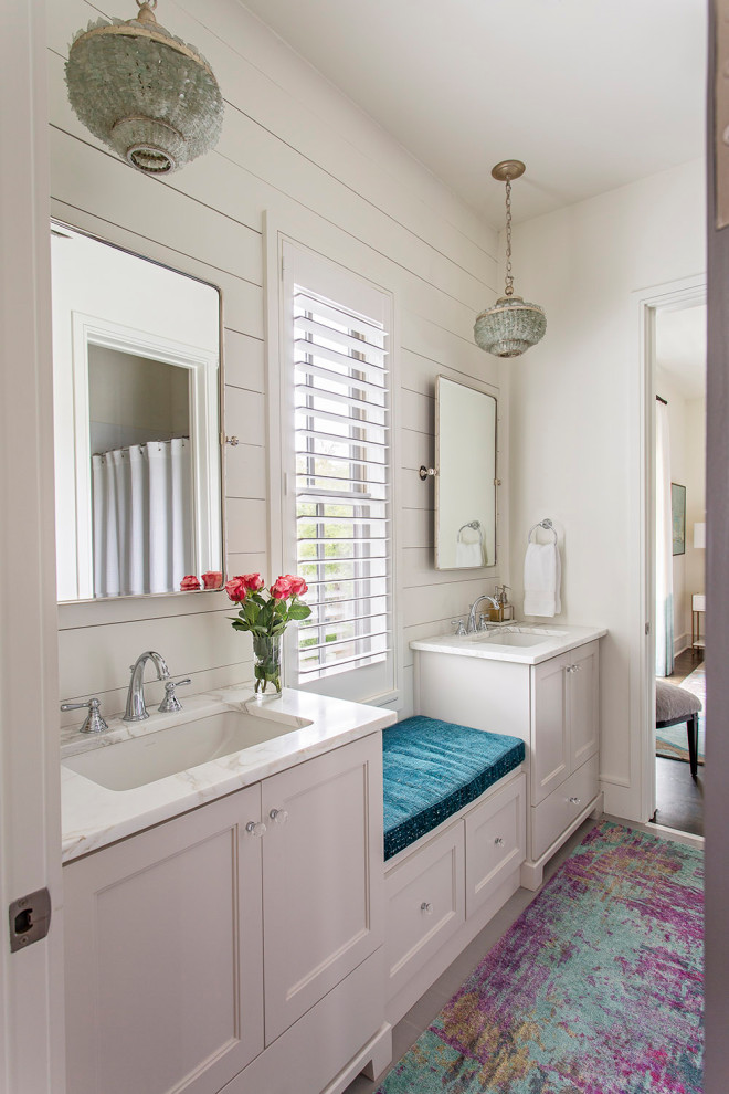 Transitional double-sink and shiplap wall bathroom photo in Charleston with recessed-panel cabinets, gray cabinets, white walls, an undermount sink, white countertops and a built-in vanity
